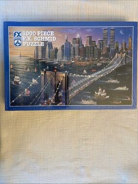 F.X SCHMID Puzzle 1000-Piece Night City Brooklyn Bridge Puzzle - Blue